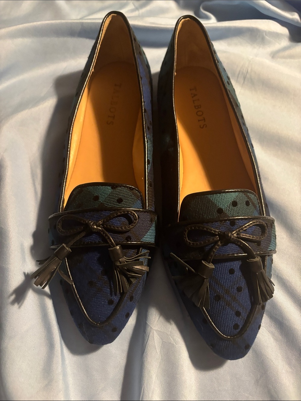 Talbots Black and  Green  Plaid Loafers With Black Dots